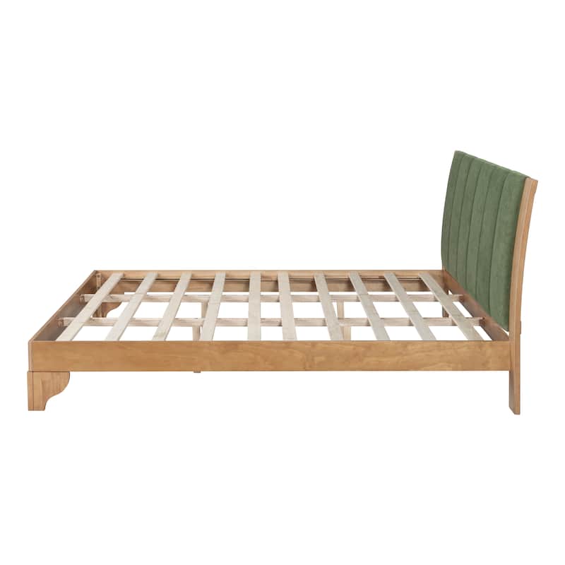 Pine Wood Bed Frame Mid Century Modern Platform Bed with Green Upholstered Headboard, Wood Slat Support Low Profile Wingback Bed