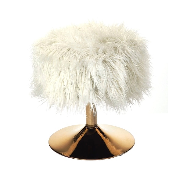 Modern White Faux Fur Round Stool in Polished Gold Finish