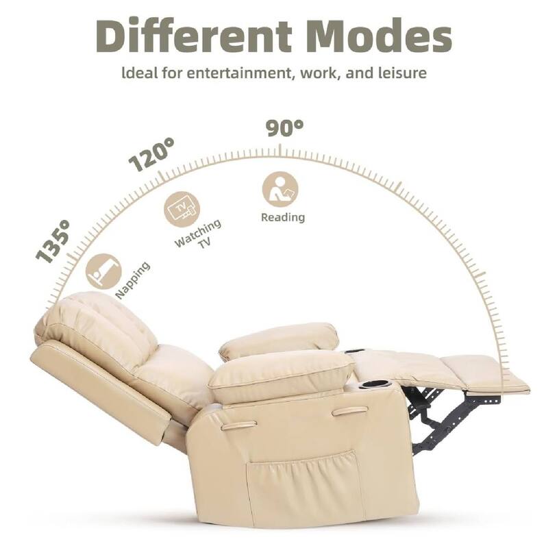 Oversized PU Recliner Sofa Chair with Heat Massage 360° Swivel and Manual Rocking Function
