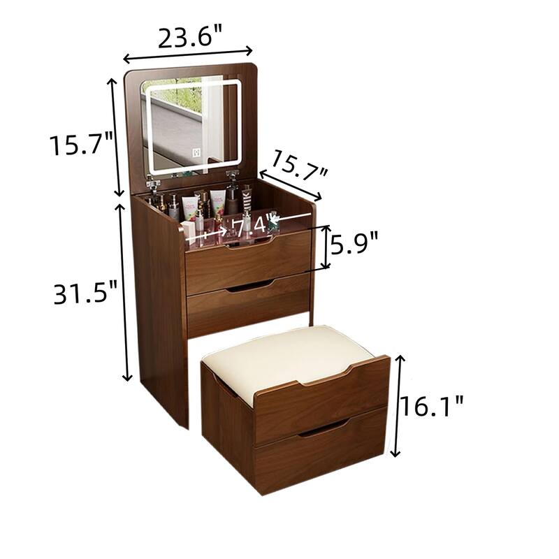 3-in-1 Small Makeup Table Set with Glass Top 3 Drawers, Stool