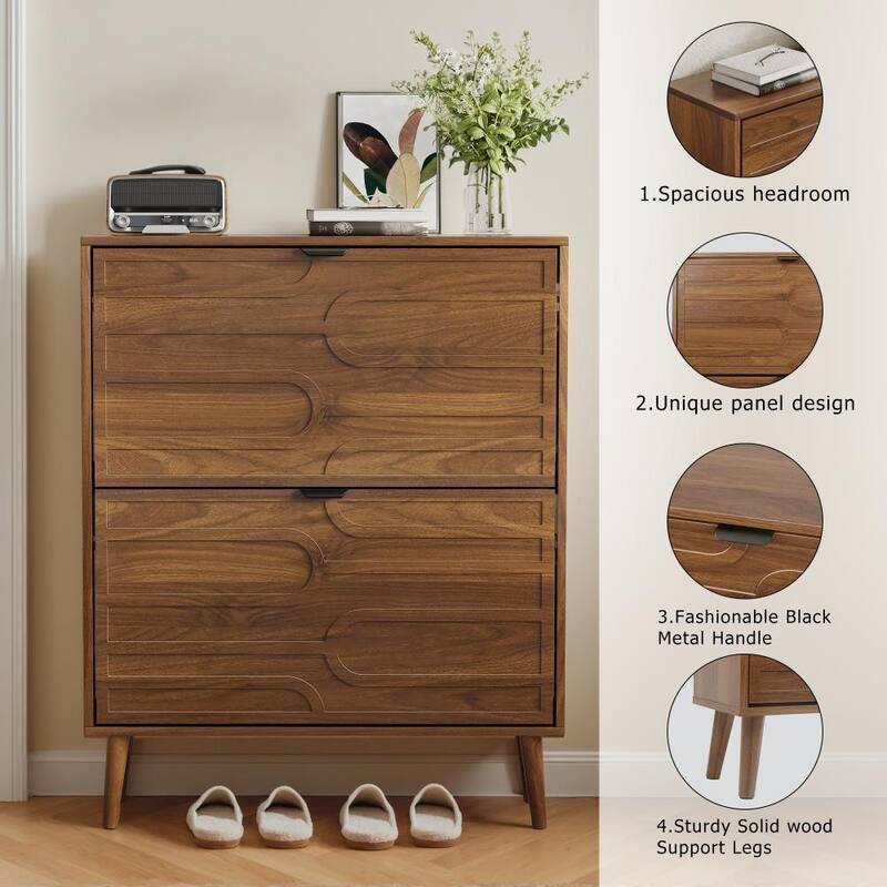 Modern 31.5 in Walnut Shoe Storage Cabinet with 2 Flip Drawers