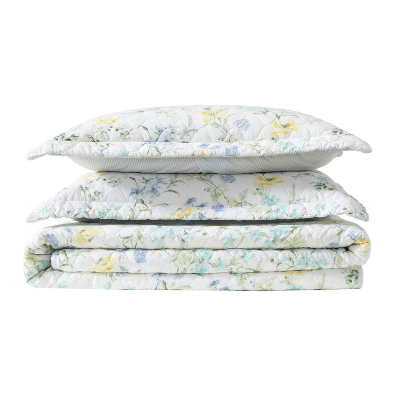Laura Ashley Poppy Meadow Cotton Reversible Blue Quilt Set