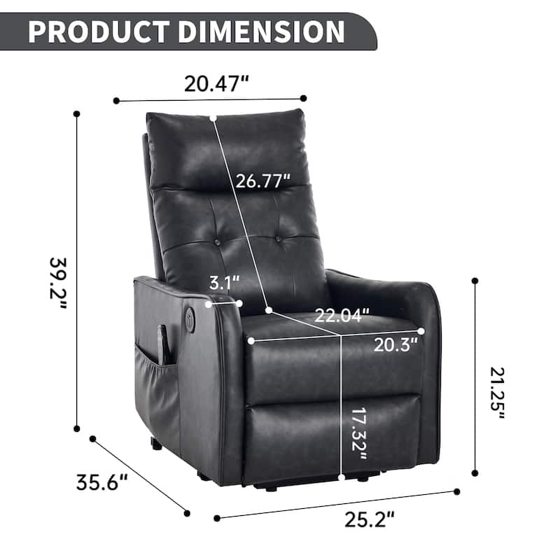 PU Leather Recliner with Single Motor Lift Massage Heat and 155 Degree Recline