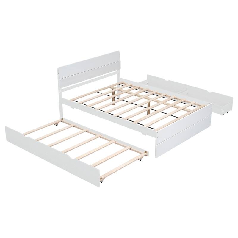 Modern Style Full Size Platform Bed Frame With Trundle and 2 Drawers