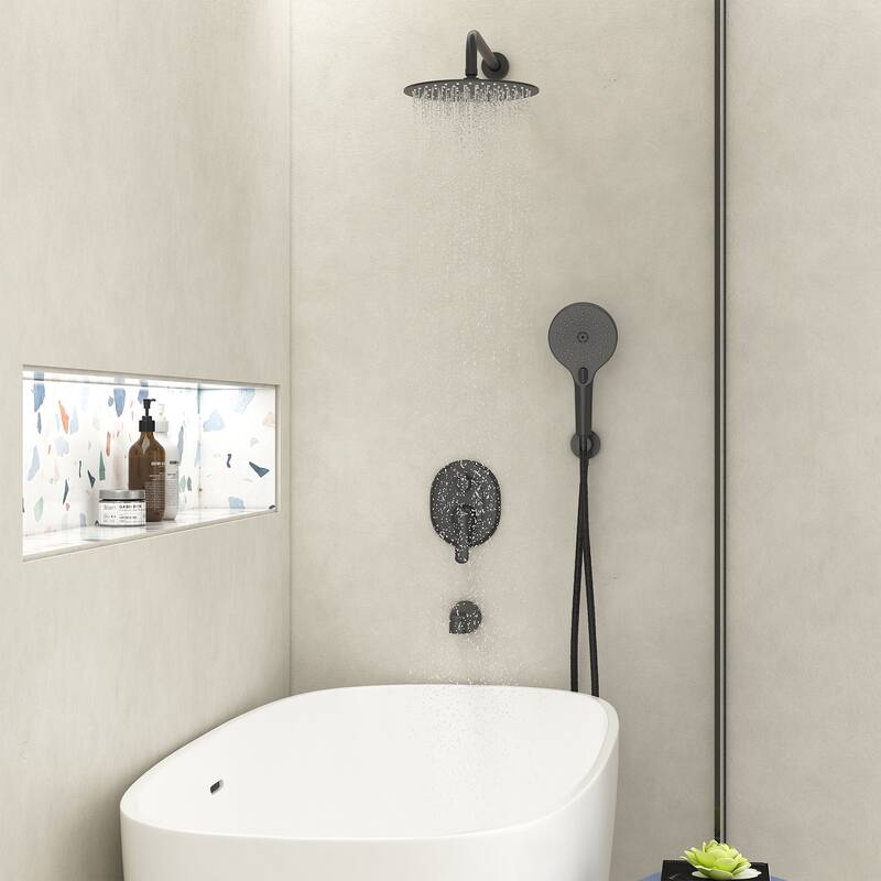 Pressure Balance 3-Functions Shower Faucet Set 10" Wall Mount Showerhead with 3-Spray Patterns Handheld Shower and Tub Spout