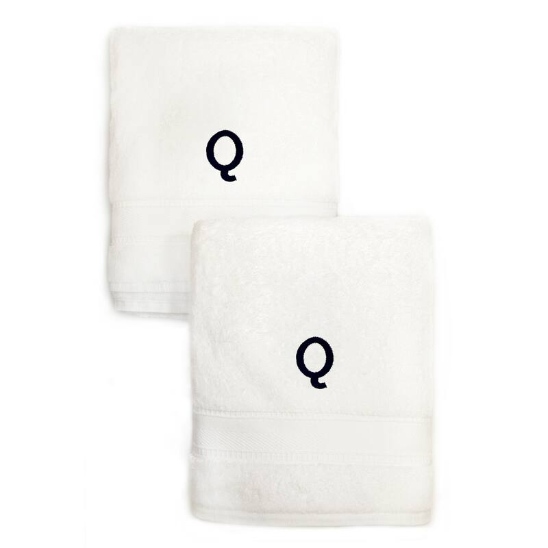 Authentic Hotel and Spa 2-piece White Turkish Cotton Hand Towels with Black Monogrammed Initial - White/Q