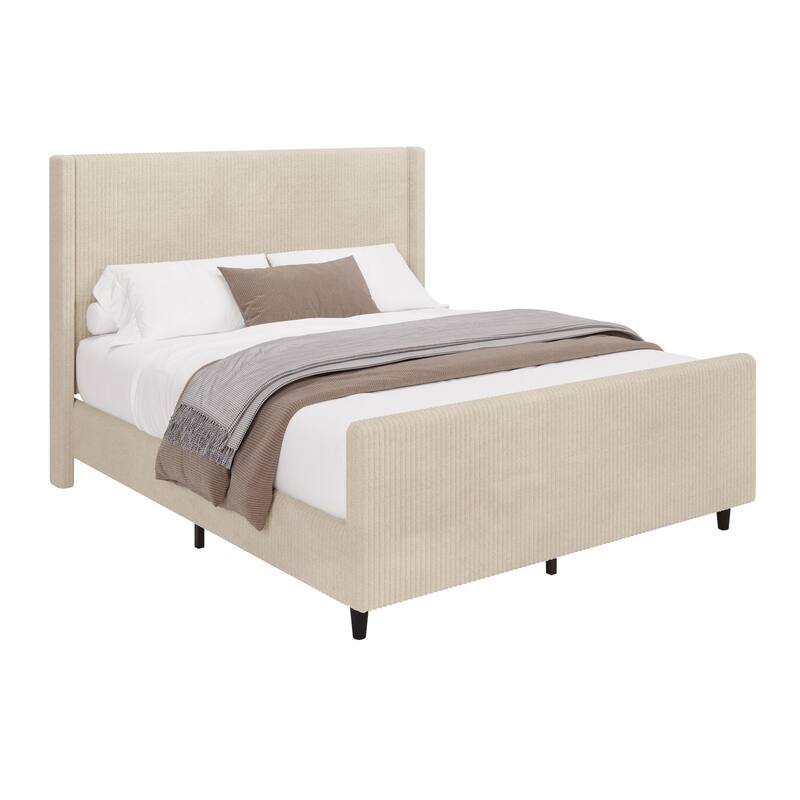 Queen Size Corduroy Bed with Wingback and High Footboard