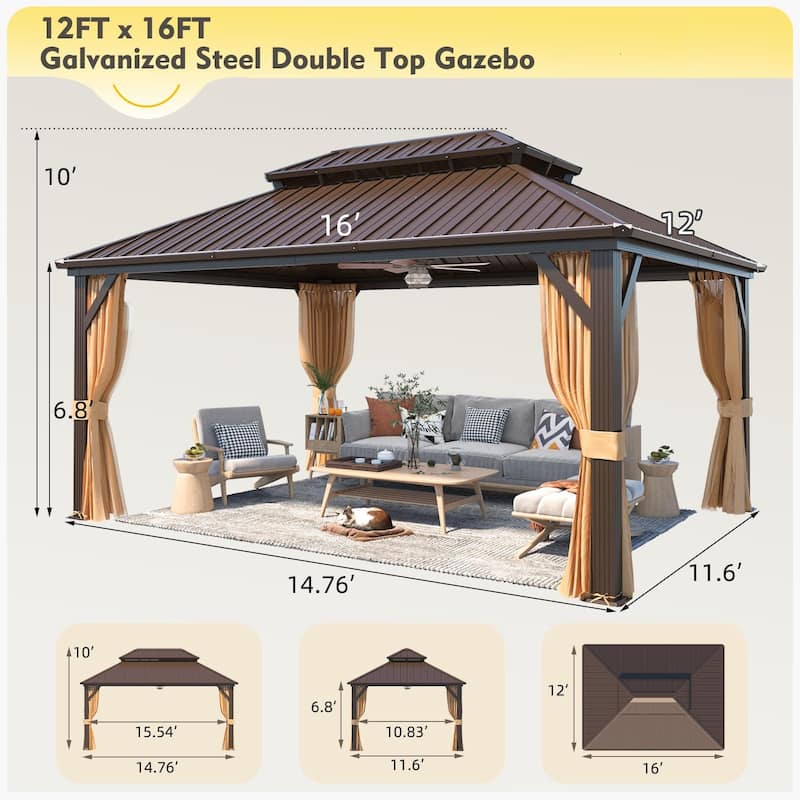 EROMMY Anti-Rust Coating Iron Hardtop Sun Shade Shelter Outdoor Canopy & Pergolas w/Curtains and Netting