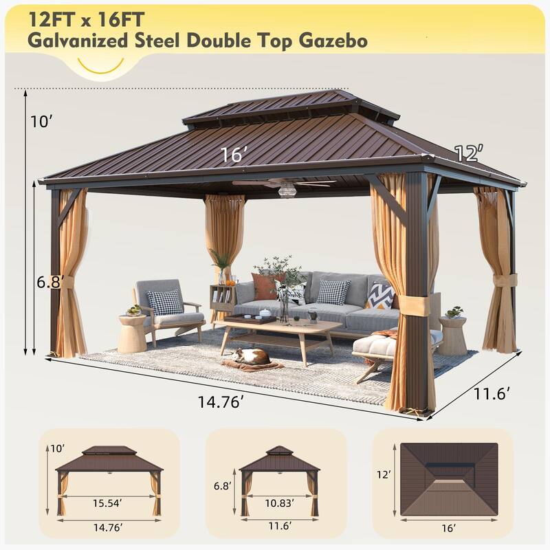 Erommy Hardtop Gazebo with Galvanized Steel Double Roof & Aluminum Frame, Outdoor Gazebo with Curtains and Nettings