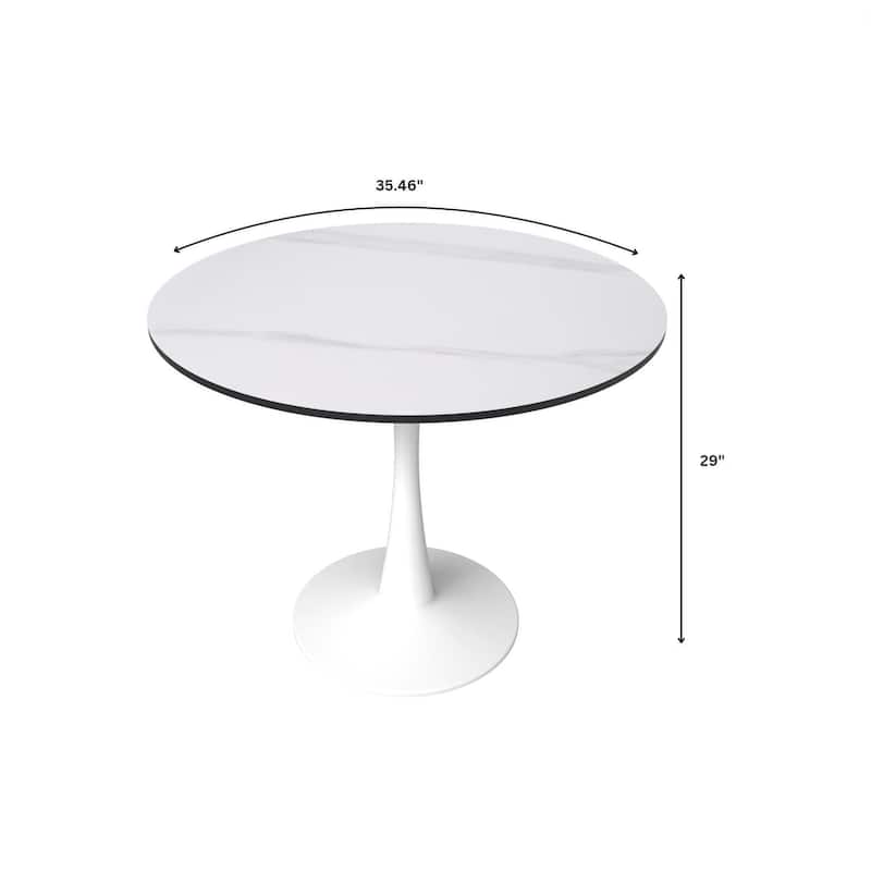 Bristol Round Dining Table for 4, 35" Sintered Stone Tabletop with White Stainless Steel Pedestal Base