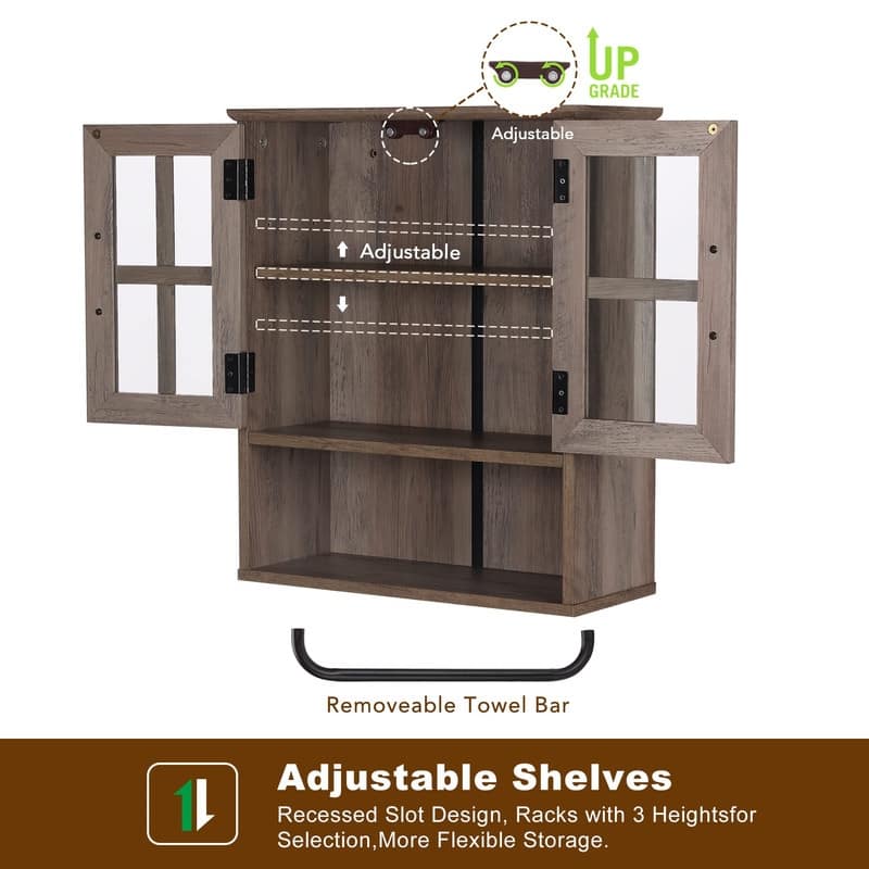 Wood Wall Storage Cabinet with Cross Glass Doors - 8.27"D x 19.3"W x 26.3"H
