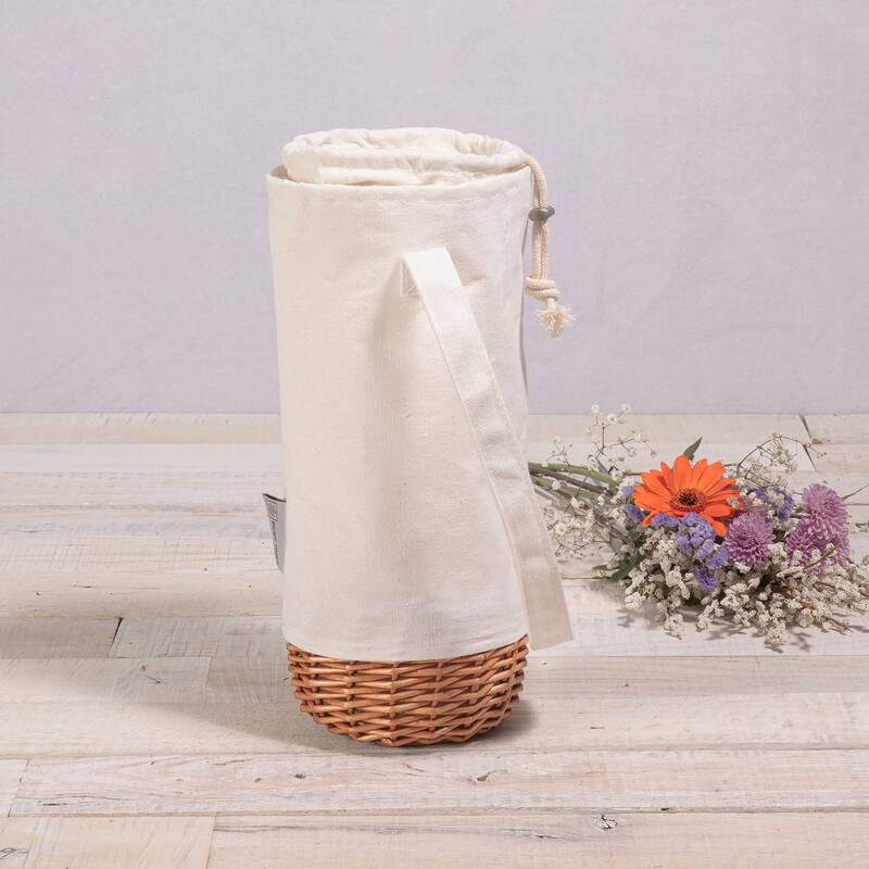 Malbec Insulated Canvas Willow Wine Bottle Basket, (Beige Accents) - 5.25 x 5.25 x 13