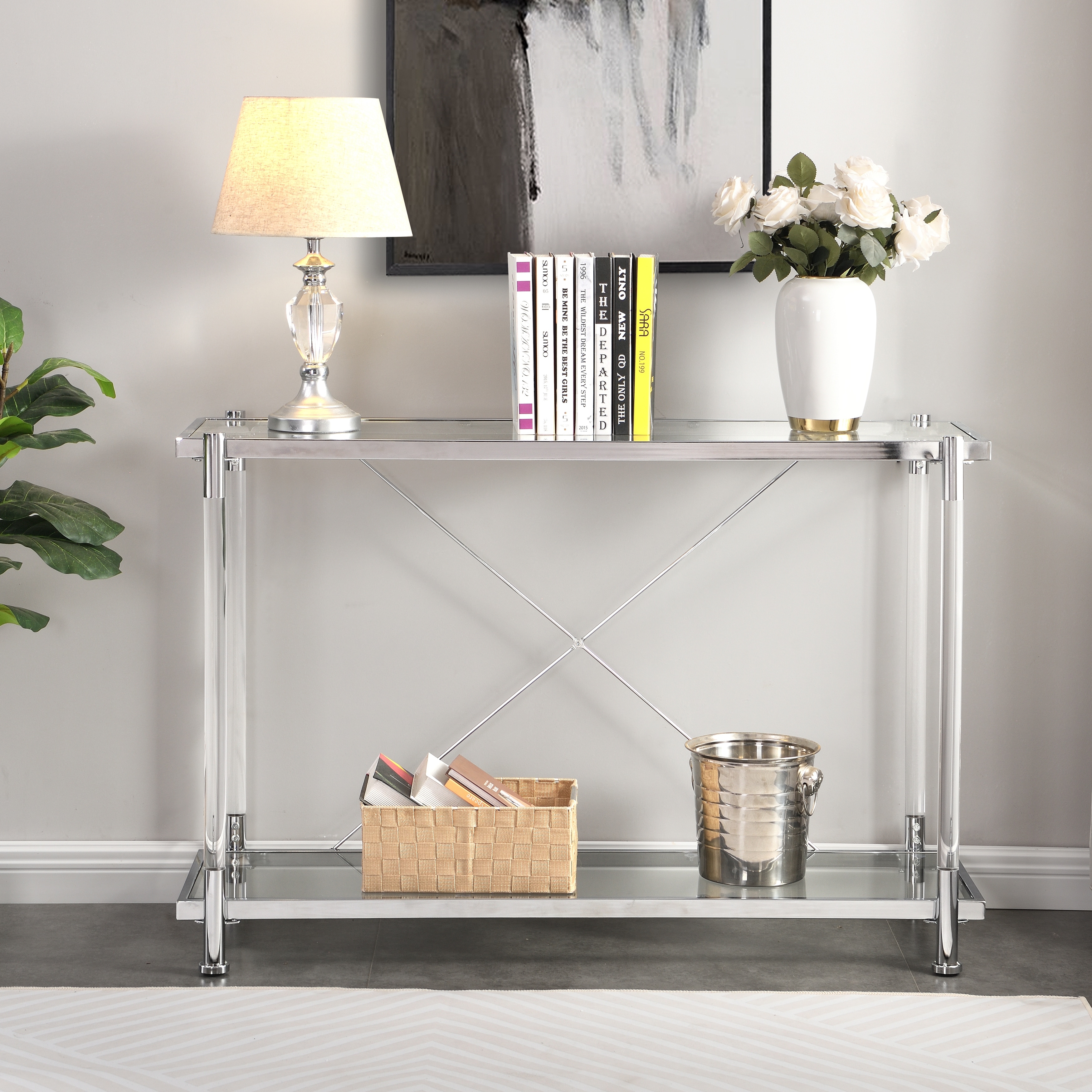 43.31" Chrome Glass Sofa Table, Acrylic Side Table, Console Table for Living Room & Bedroom