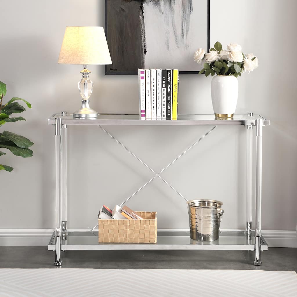 43.31"Chrome Glass Sofa Table,Acrylic Side Table,Console Table for Living Room,Bedroom