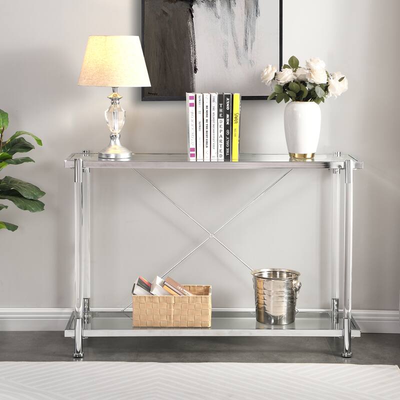Stylish Sofa Table with Tempered Glass and Acrylic Legs, Ideal for Living Room and Bedroom Decor. - Clear-1