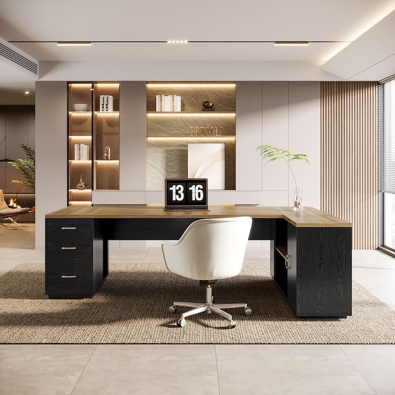 86'' L-Shaped Corner Executive Desk with File Drawers for Home Office