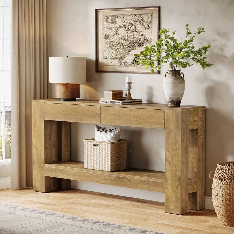 2-Tier Wooden Console Table with 2 Drawers for Entrance - /