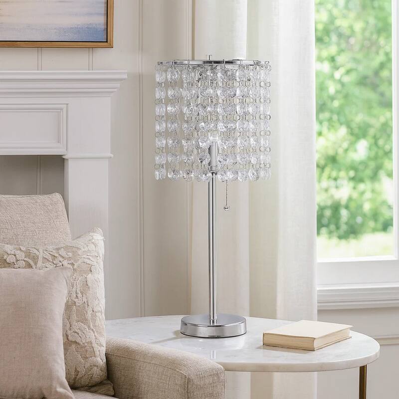 Chandelier Crystal Accented Table Lamp with Tubular Frame, Chrome and Clear