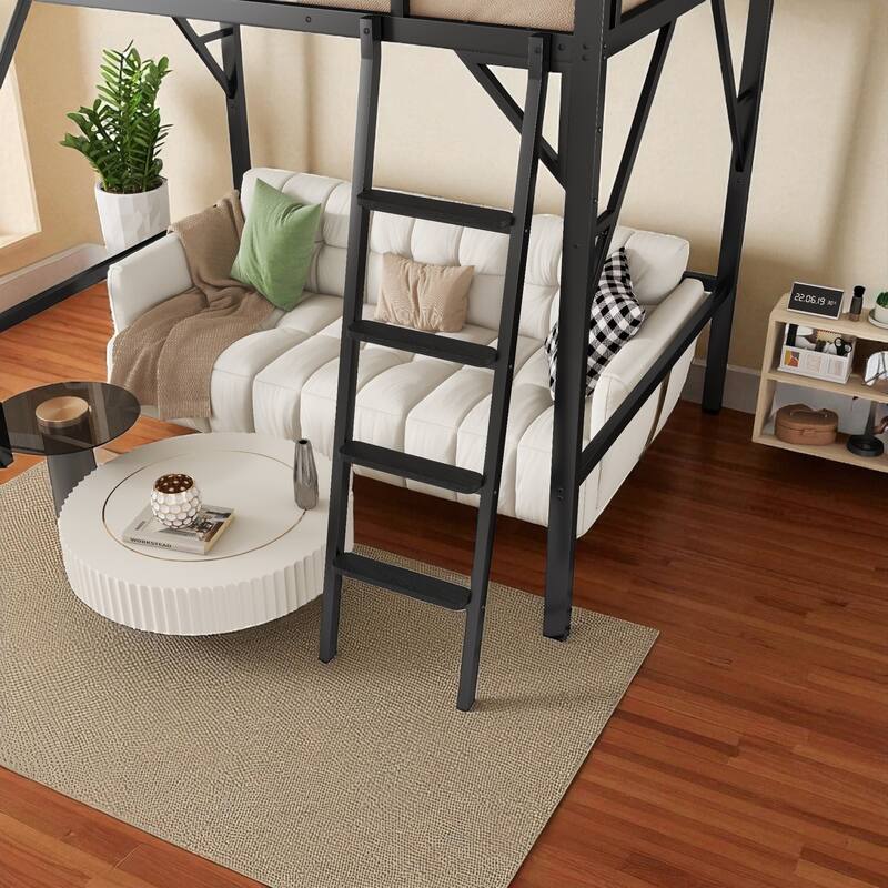 Full Size Metal Loft Bed with Ladder & Upper Storage Shelf, 55 in Clearance, Guardrails, 300 lb Capacity