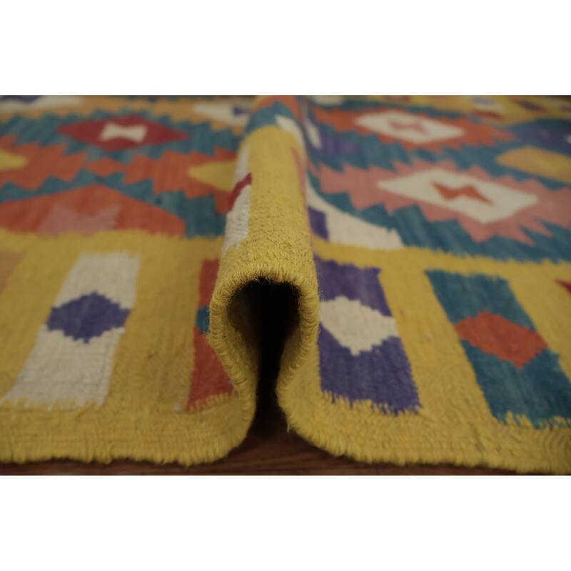 Hand Woven Oriental 100% Wool Carpet Southwestern Geometric Navy Blue & Blues Kilim Runner Rug - 12' 9'' X 3' 6''