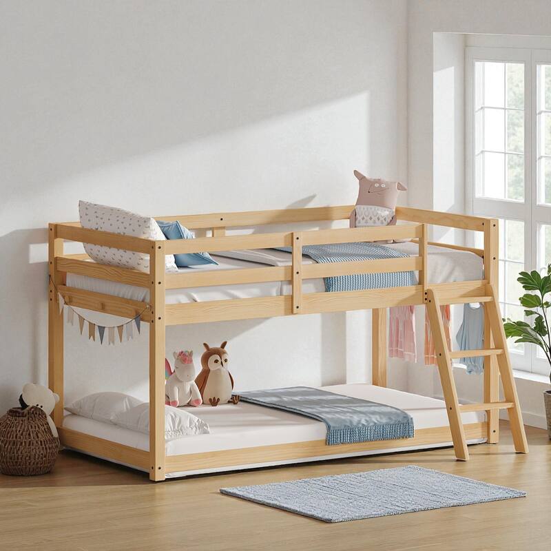 Kids Twin Convertible Low Loft Bed to Bunk Bed, Solid Wood Modern Frame with LED Strip Lighting and Storage Hooks