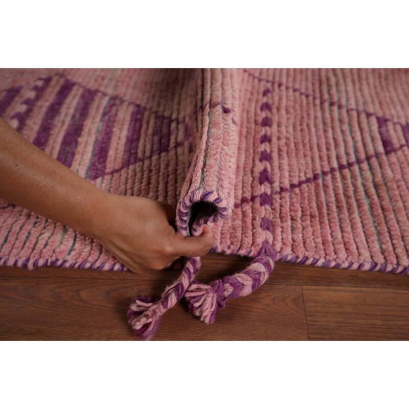 All-Over Pink Geometric Moroccan Area Rug Handmade Wool Carpet - 7'7"x 12'5"
