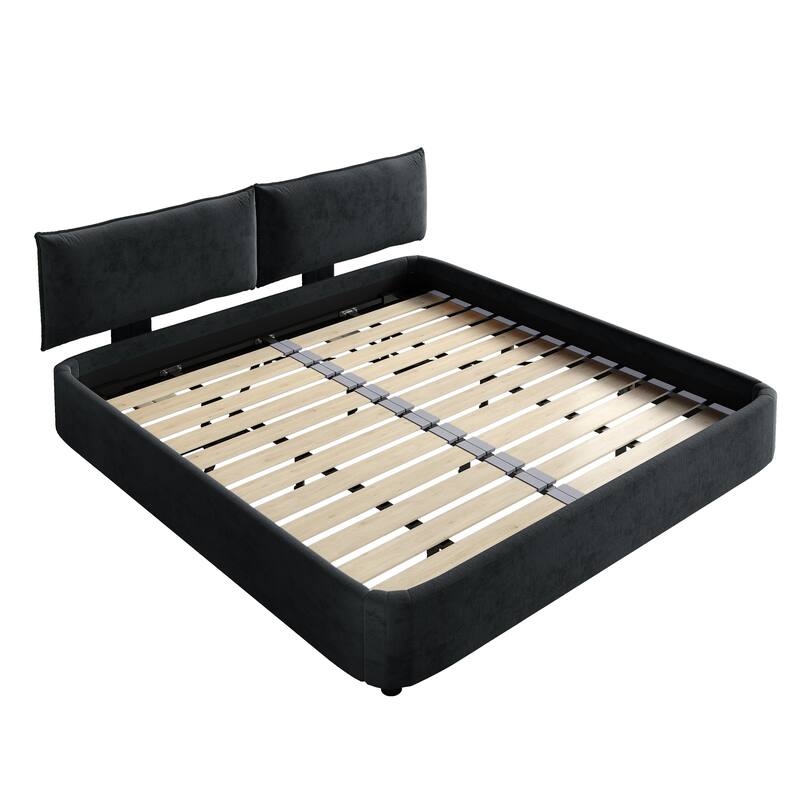 Low Profile King Size Cloud Bed Frame with Movable Headboard, Chenille Platform Bed with Metal/Solid Wood Slat Double Support