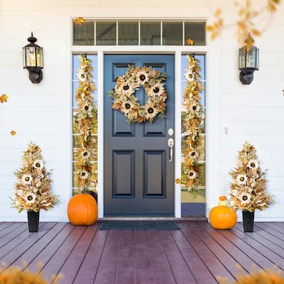 Glitzhome 5-Piece Fall Multi-Colored Sorghum Sunflower Pumpkin Wreath & Garland & Porch Tree Set