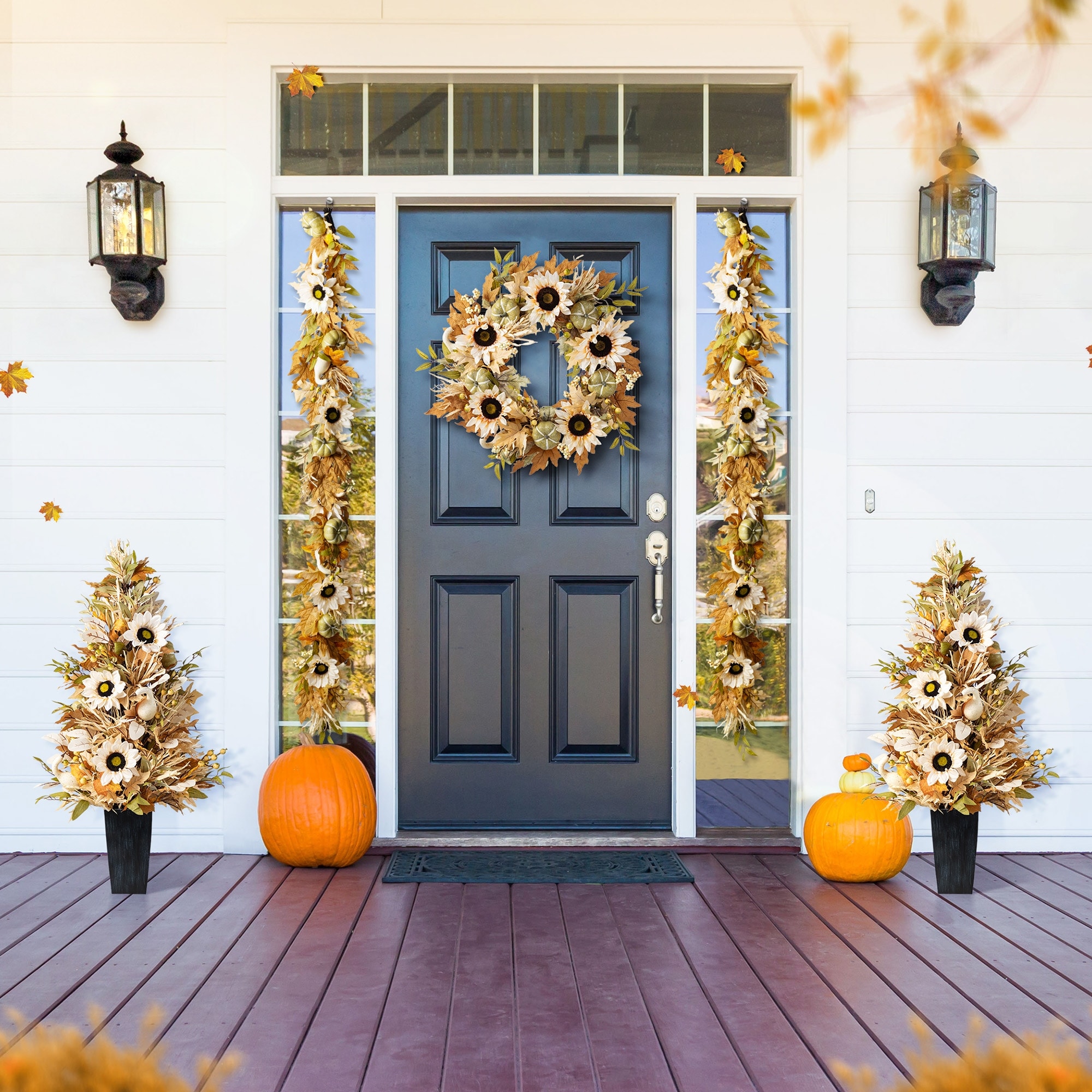 Glitzhome 5-Piece Fall Thanksgiving Multi-Colored Sorghum Sunflower Pumpkin Wreath & Garland & Porch Tree Set