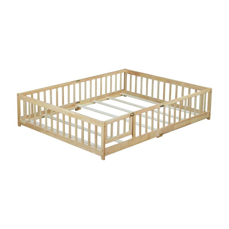 Roomfitters Queen Floor Bed with Surround Fence and Swing Door, Rubber Wood Platform with Guardrails and Slats, Natural