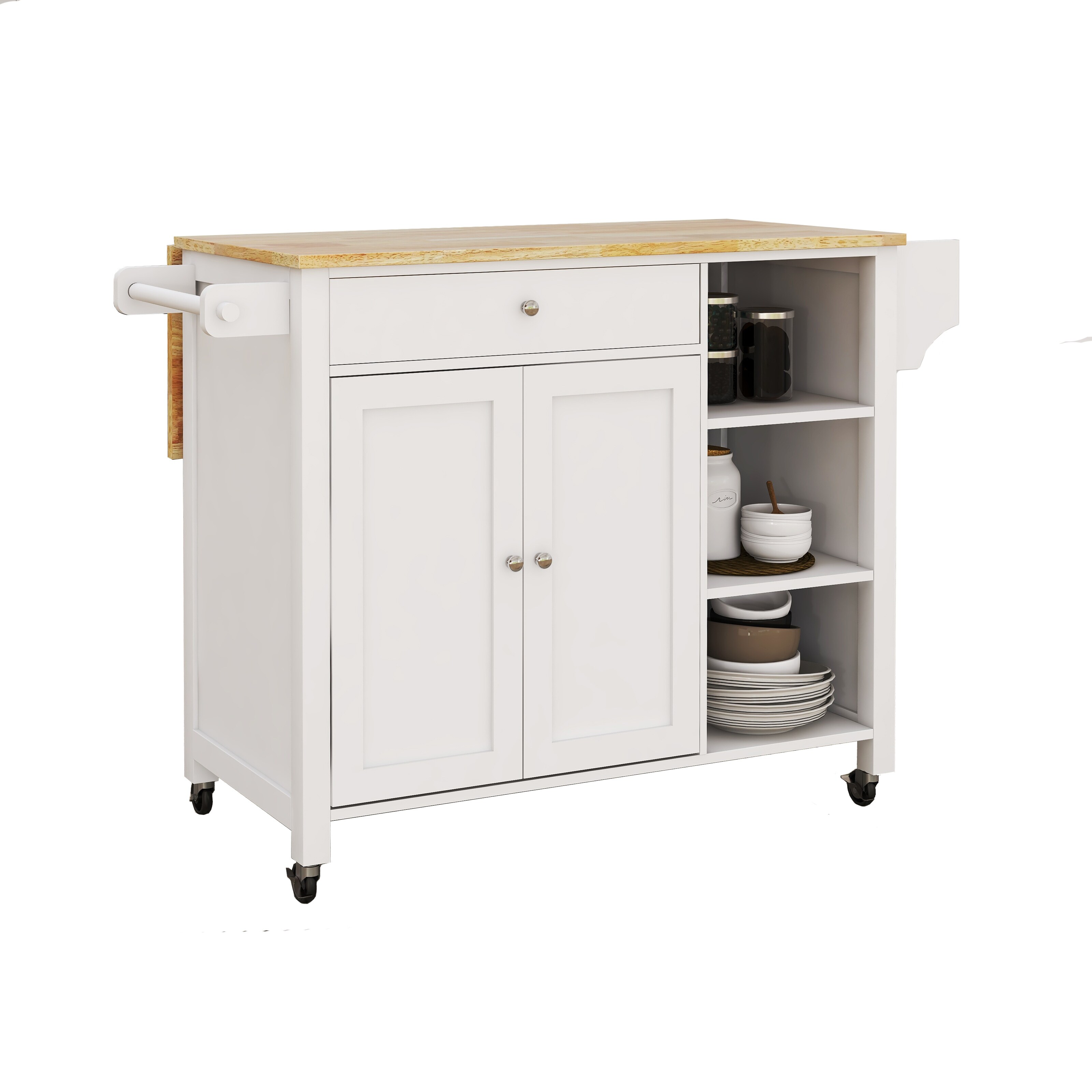 Rolling Kitchen Island Storage Cabinet with 3 Drawers & Open Shelves &  Doors