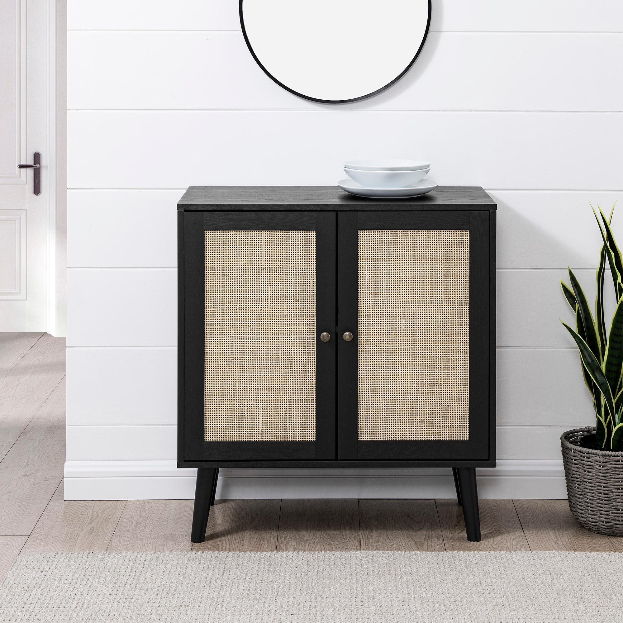 Walker Edison Boho 2 Door Solid Wood and Rattan Accent Cabinet Black