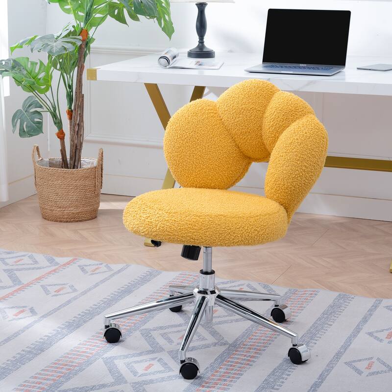 Criss Cross Chair with Wheels, Teddy Fabric Home Office Chair, 360°Swivel Height Adjustable Swivel Vanity Chair - Yellow
