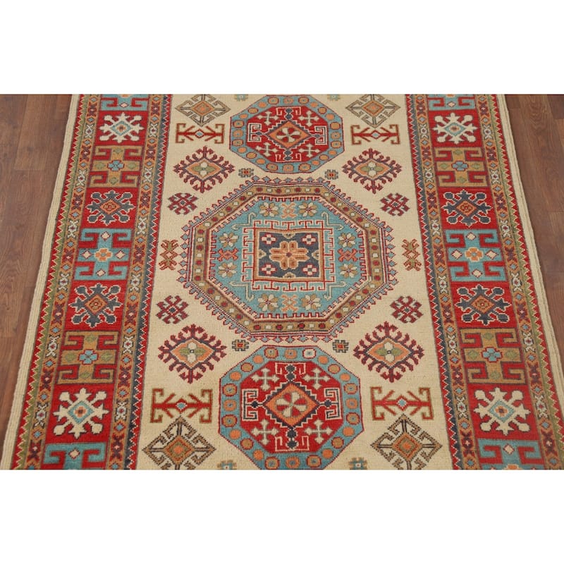 Geometric Kazak Oriental Rug Dining Room Hand-Knotted Wool Carpet - 4'1" x 6'0"