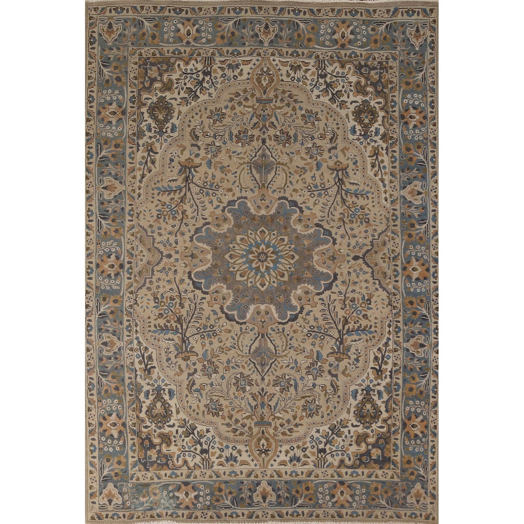 Tabriz Persian Vintage Rug Handmade Traditional Beige Wool Carpet - 6'10"x 9'10"