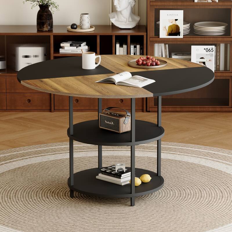Roomfitters 47 Inch Round Dining Table with Double-Layer Storage and Diagonal Wood Black Top for Modern Spaces, Black+Wood