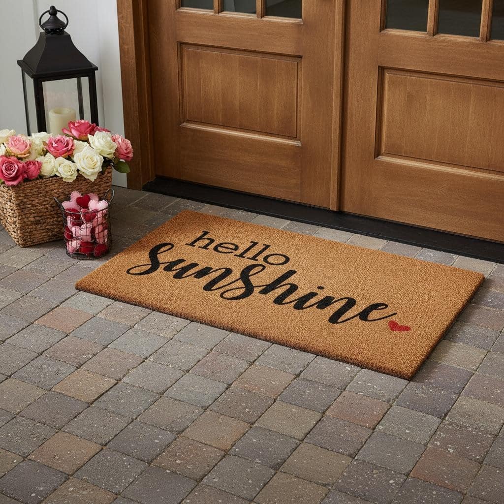 HomeRoots 36" X 72" Brown And Black Hello Sunshine Outdoor Coir Door Mat - 36.00' X '72.00