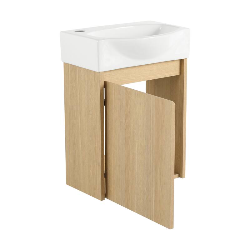 16" Bathroom Vanity Sink Combo with Ceramic Sink, Oak Cabinet for Small Bathrooms and Powder Rooms