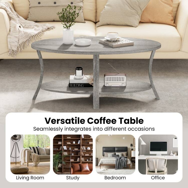 Grey Rubber Wood 2-Tier Coffee Table with Storage Shelf - 44” x 24” x 18.5”