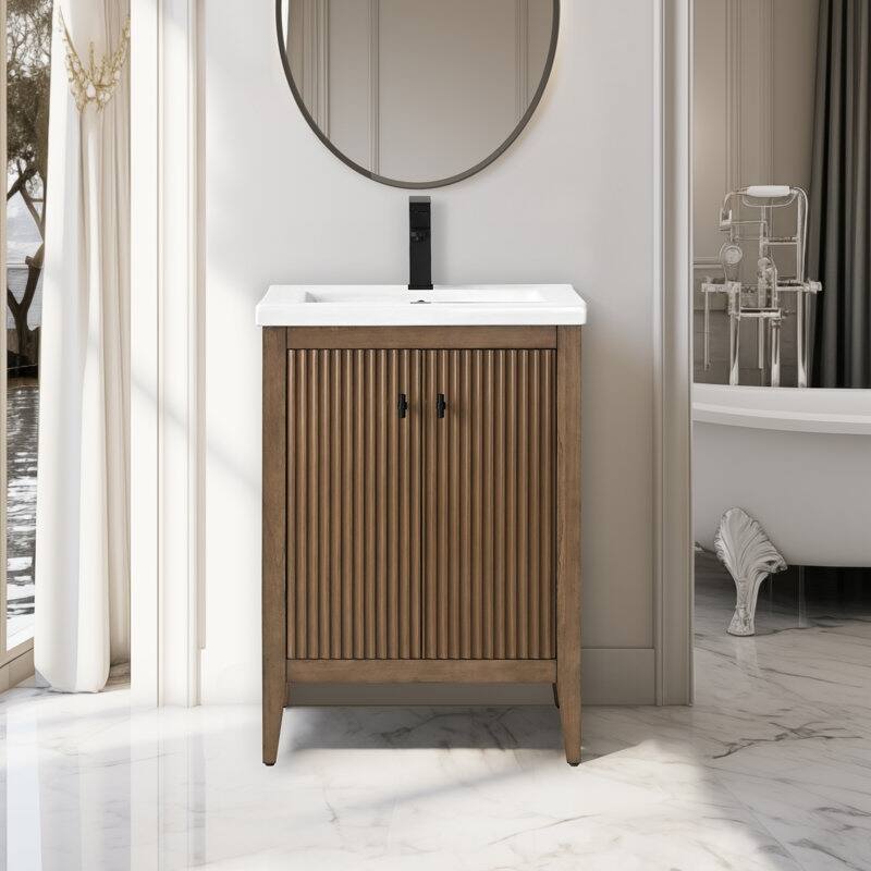 Vanity Art 24" Single Sink Bathroom Vanity Cabinet with Ceramic Top - 24"/Matte Black Handle - Linear Walnut