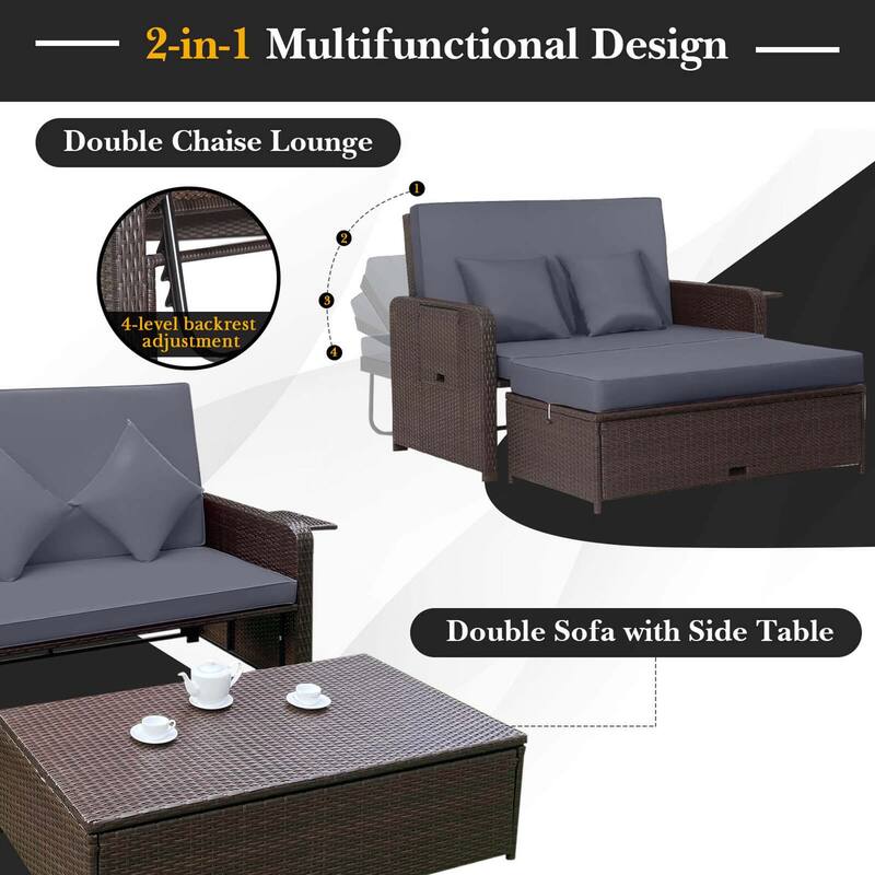 Gymax Rattan Loveseat Set Daybed Lounge w/ Storage Ottoman Side Tables