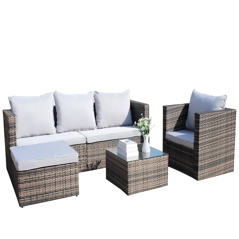 Outdoor 4-Piece PE Rattan Wicker Cushioned Sofa Set and Coffee Table