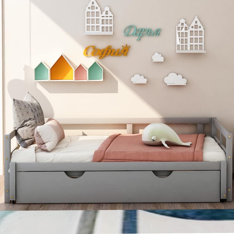 Grey Pine Wood Twin Daybed with Trundle and Slat Kit - Elegant and Functional