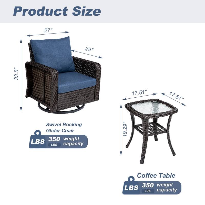3 Pieces Outdoor Swivel Rocker Chairs, 360 Degree, Thickened Cushions & Glass Coffee Table