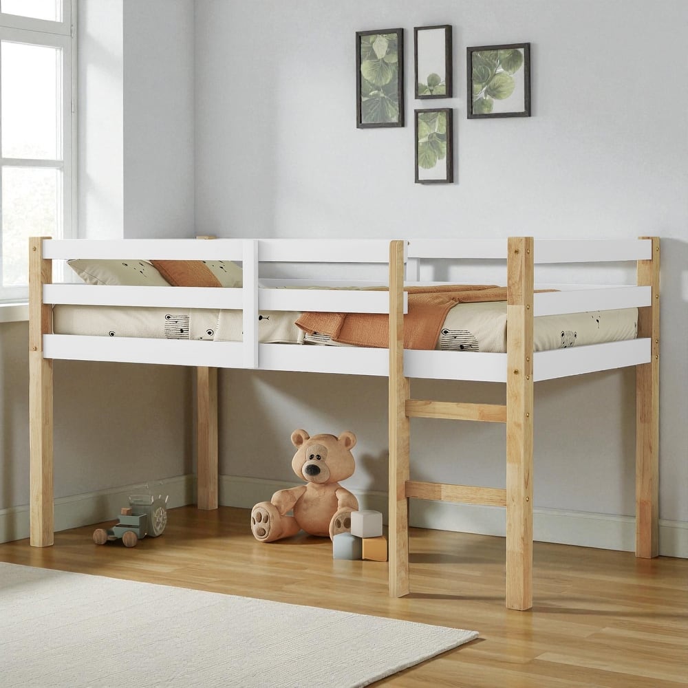 Solid Wood Twin Loft Bed with Ladder, Rubber Wood Frame Low Height Design with Guard Rails and Storage Space