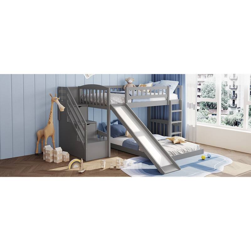 Roomfitters Stairway Twin Over Twin Bunk Bed with Slide and Storage Drawers, Grey