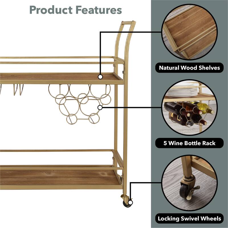 FirsTime & Co. Francesca Bar Cart, Metal Frame, Wood/Glass Top