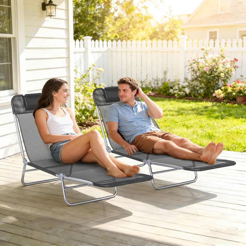 Outsunny Folding Chaise Lounge Pool Chairs, Set of 2 Outdoor Sun Tanning Chairs with Pillow, Six-Position Reclining Back