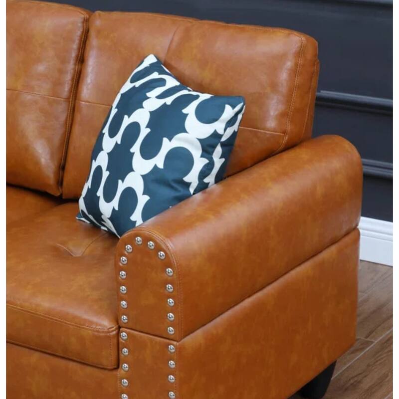 98" Faux Leather L-Shaped Sectional Sofa with Pillows & Cup Holders