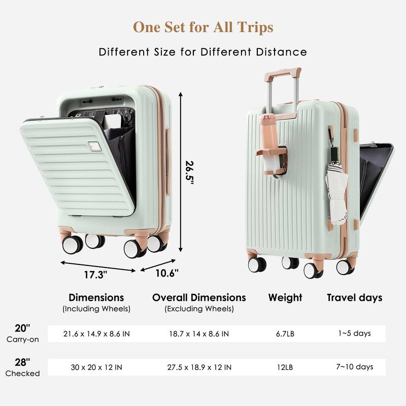 Luggage Sets 4 Piece with USB Charging Ports, Front-Opening Hardside Carry On Suitcase Set with TSA Lock Travel Duffel Bag